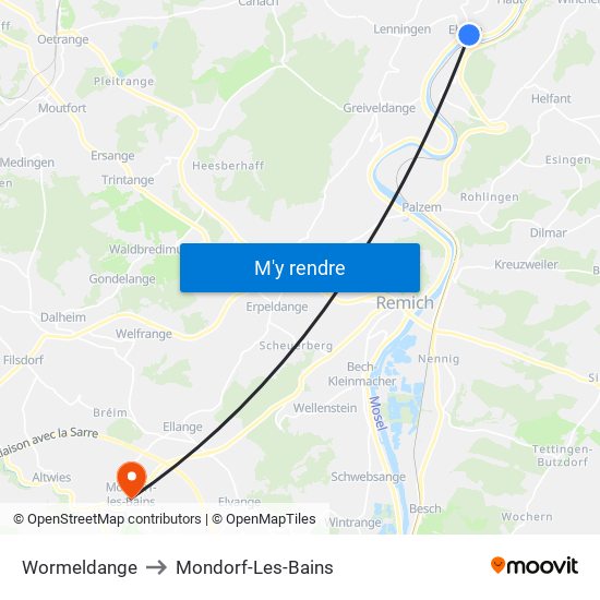Wormeldange to Mondorf-Les-Bains map
