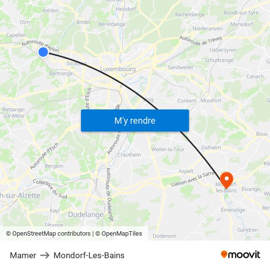 Mamer to Mondorf-Les-Bains map