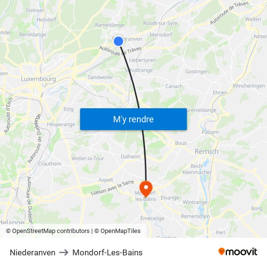 Niederanven to Mondorf-Les-Bains map