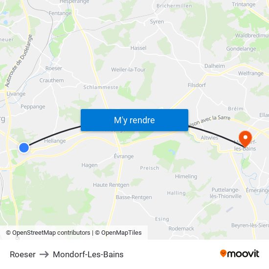 Roeser to Mondorf-Les-Bains map