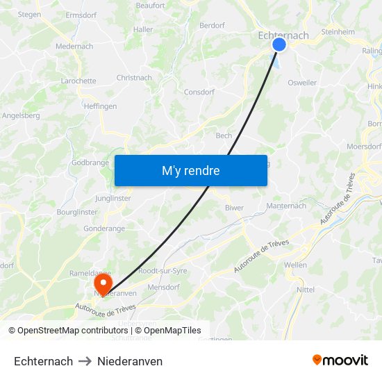 Echternach to Niederanven map