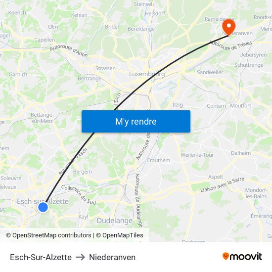 Esch-Sur-Alzette to Niederanven map