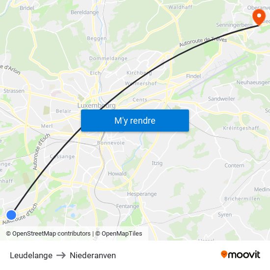 Leudelange to Niederanven map