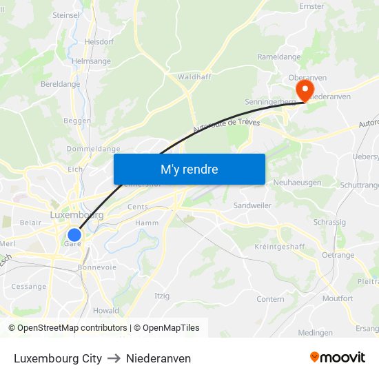 Luxembourg City to Niederanven map