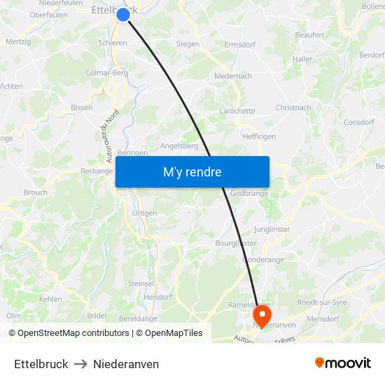 Ettelbruck to Niederanven map