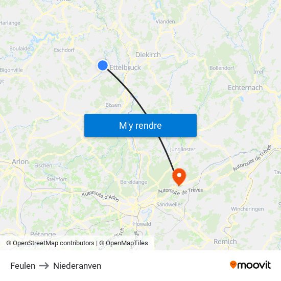 Feulen to Niederanven map