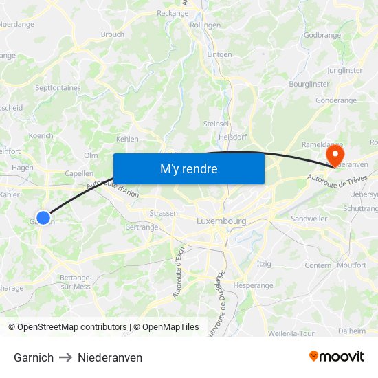 Garnich to Niederanven map
