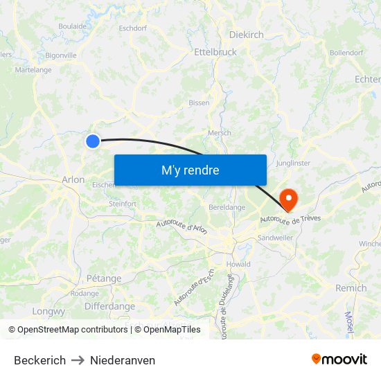 Beckerich to Niederanven map