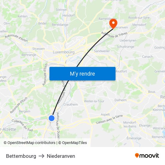 Bettembourg to Niederanven map