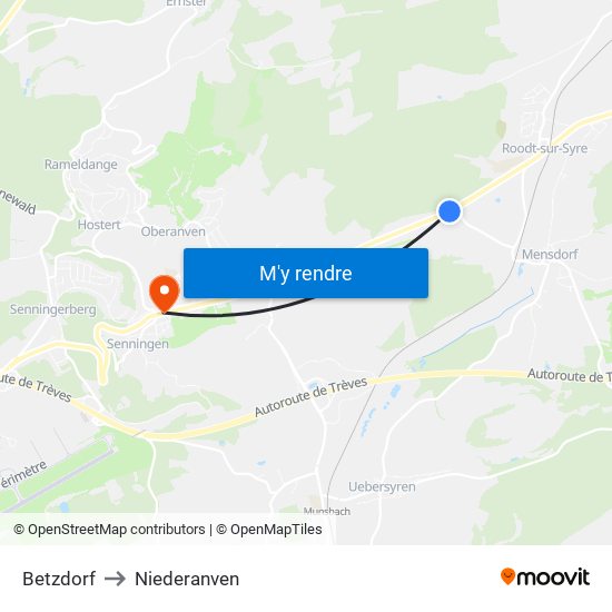 Betzdorf to Niederanven map