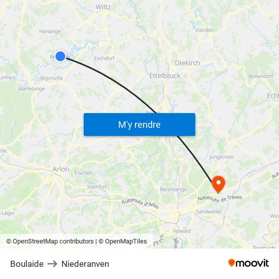 Boulaide to Niederanven map