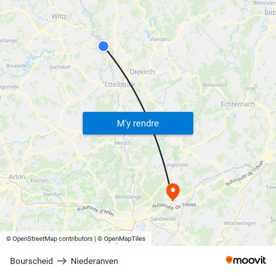 Bourscheid to Niederanven map