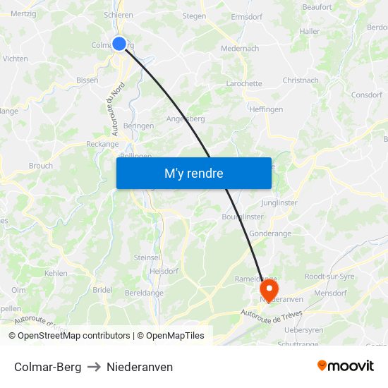 Colmar-Berg to Niederanven map