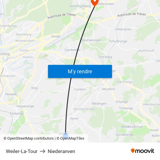 Weiler-La-Tour to Niederanven map