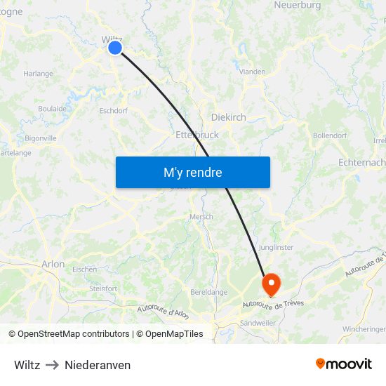 Wiltz to Niederanven map