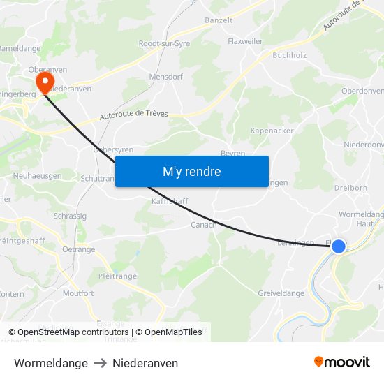Wormeldange to Niederanven map