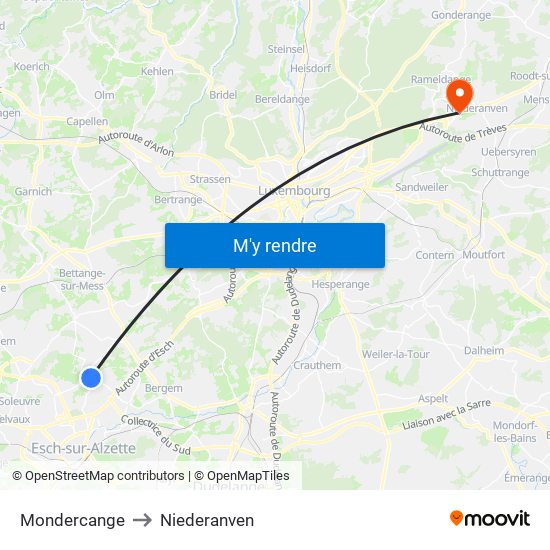 Mondercange to Niederanven map