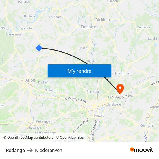Redange to Niederanven map