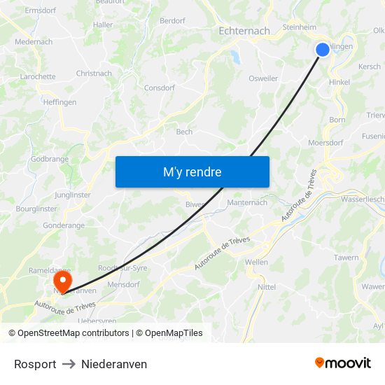 Rosport to Niederanven map