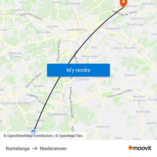 Rumelange to Niederanven map