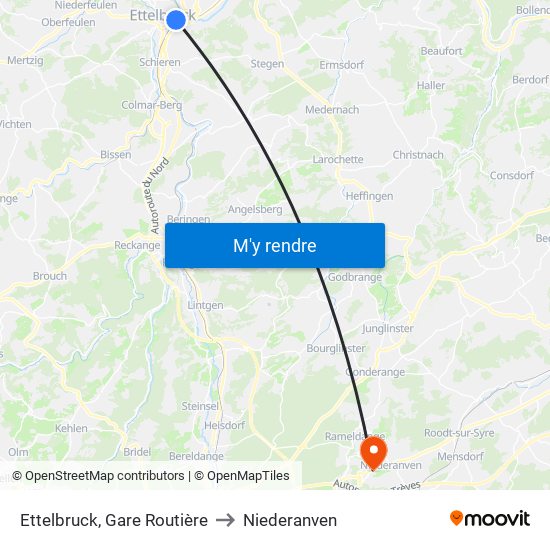 Ettelbruck, Gare Routière to Niederanven map