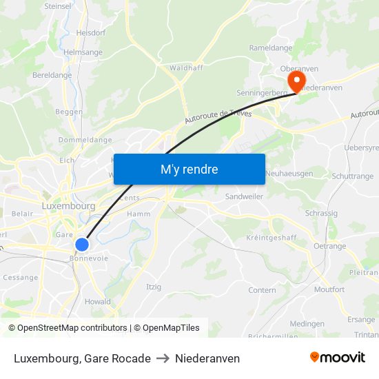 Luxembourg, Gare Rocade to Niederanven map