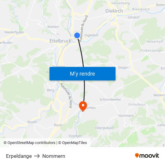 Erpeldange to Nommern map
