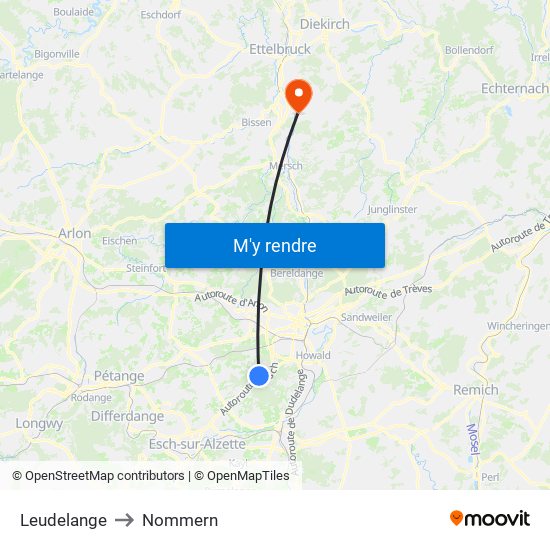 Leudelange to Nommern map