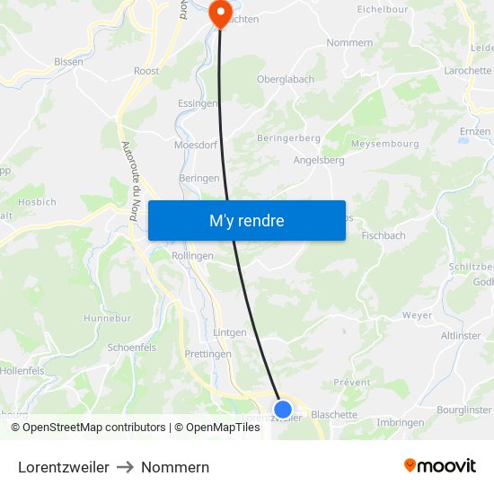 Lorentzweiler to Nommern map