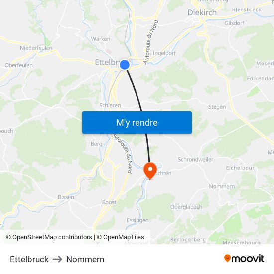 Ettelbruck to Nommern map