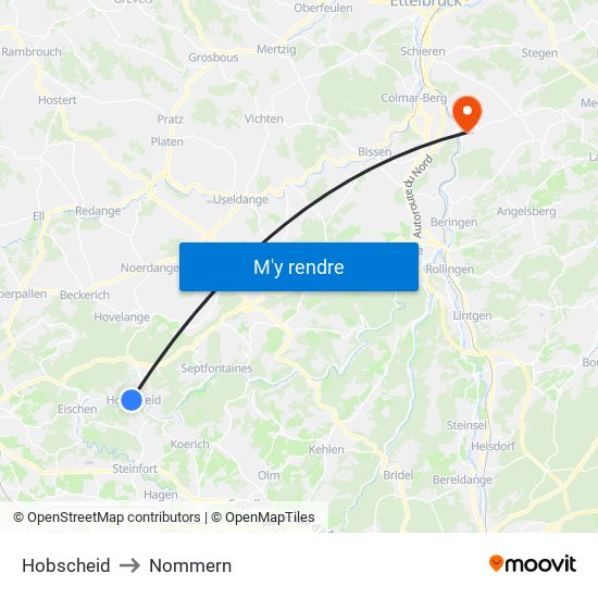 Hobscheid to Nommern map