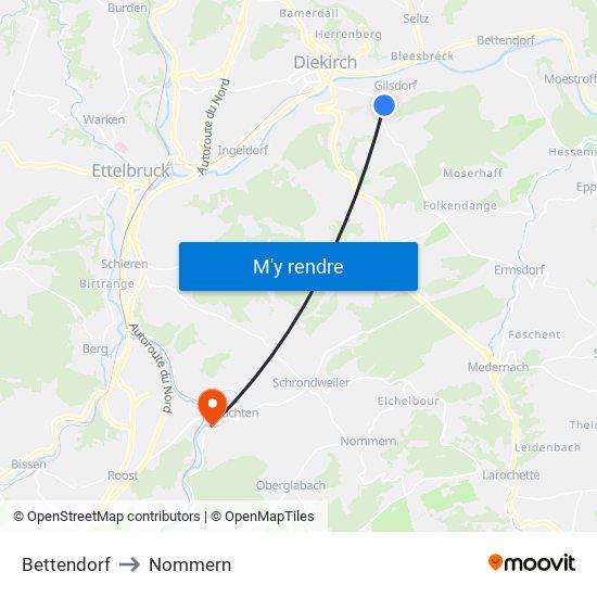 Bettendorf to Nommern map