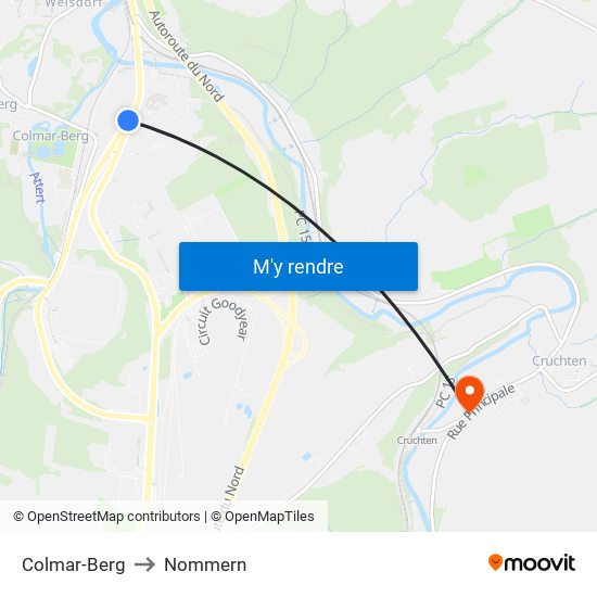Colmar-Berg to Nommern map