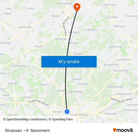 Strassen to Nommern map