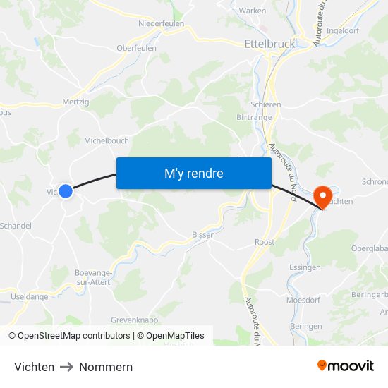 Vichten to Nommern map