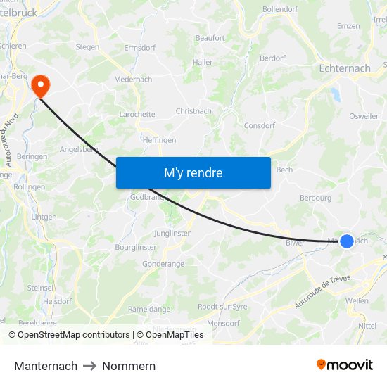 Manternach to Nommern map