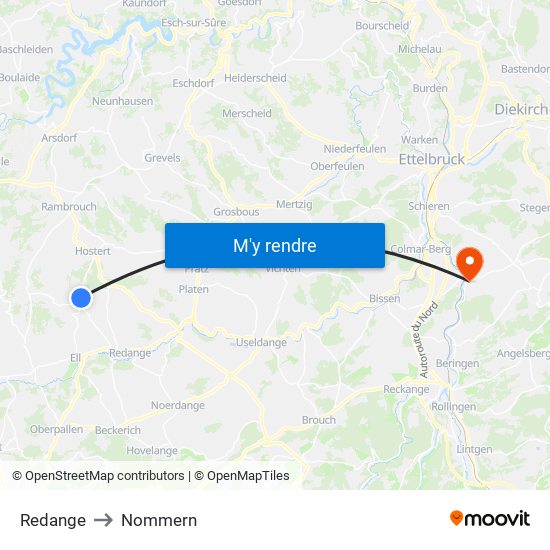 Redange to Nommern map