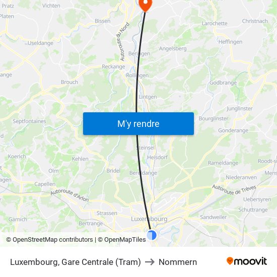 Luxembourg, Gare Centrale (Tram) to Nommern map