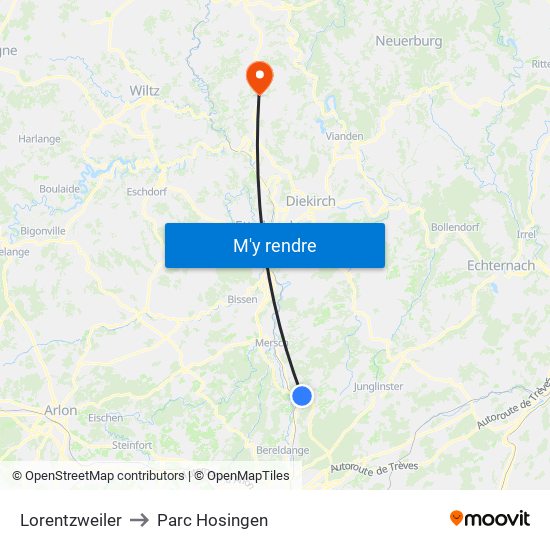 Lorentzweiler to Parc Hosingen map