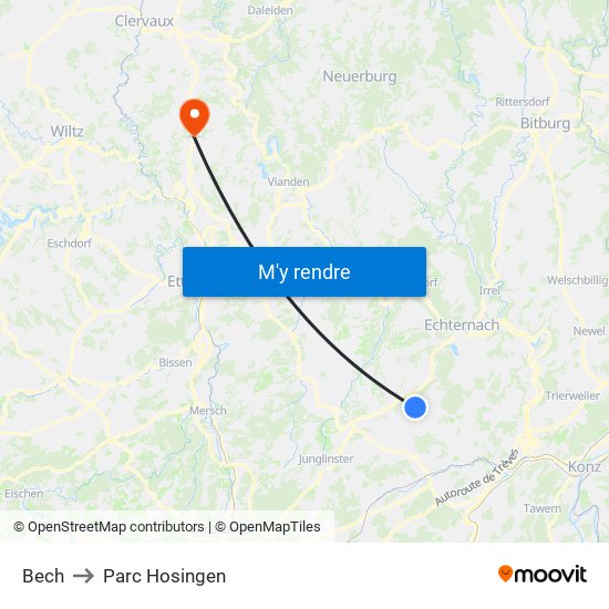 Bech to Parc Hosingen map