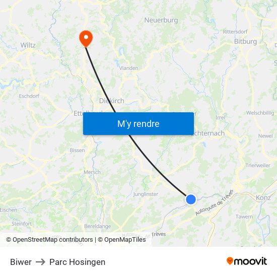 Biwer to Parc Hosingen map
