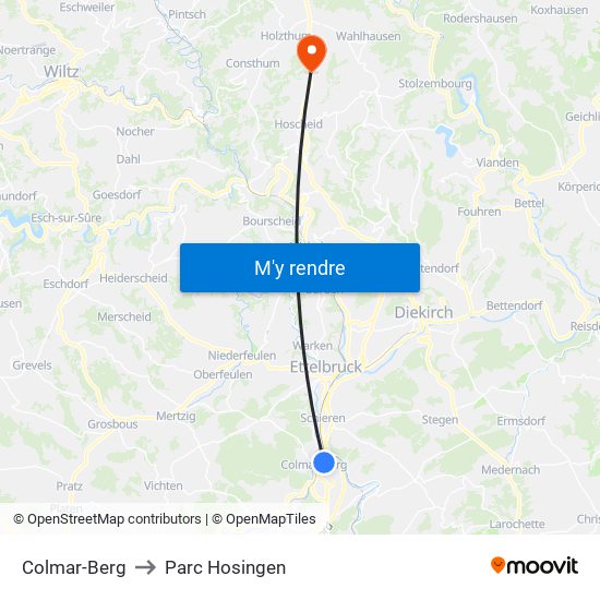 Colmar-Berg to Parc Hosingen map