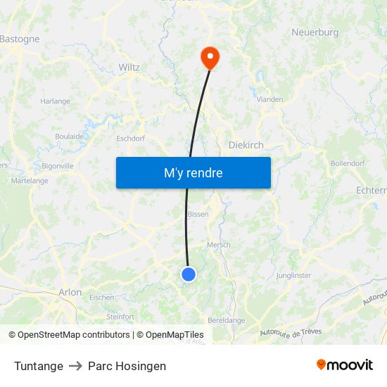 Tuntange to Parc Hosingen map