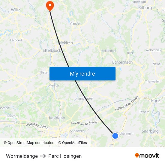Wormeldange to Parc Hosingen map