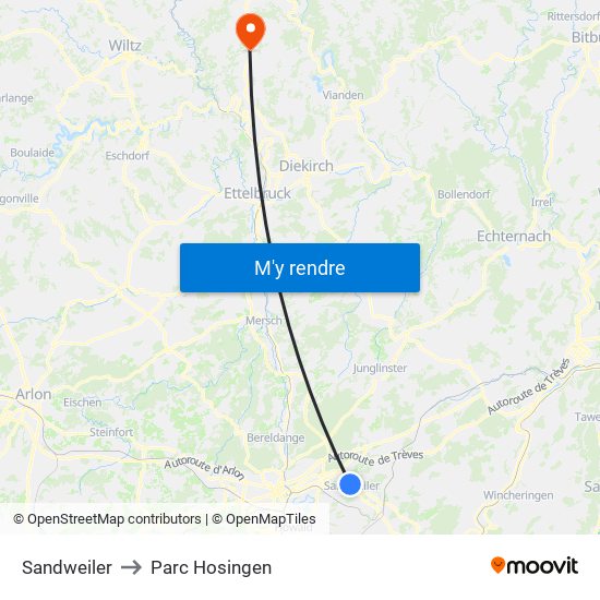 Sandweiler to Parc Hosingen map