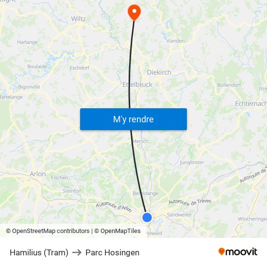 Hamilius (Tram) to Parc Hosingen map