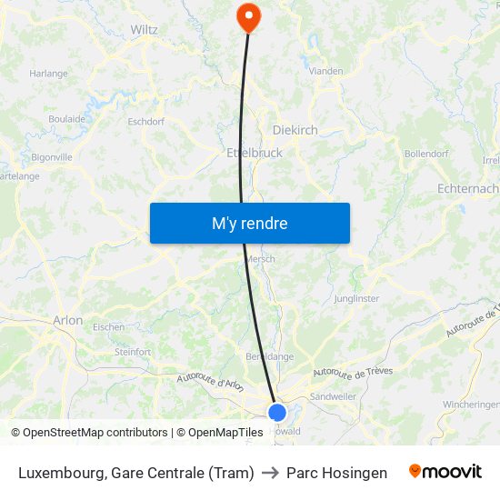 Luxembourg, Gare Centrale (Tram) to Parc Hosingen map