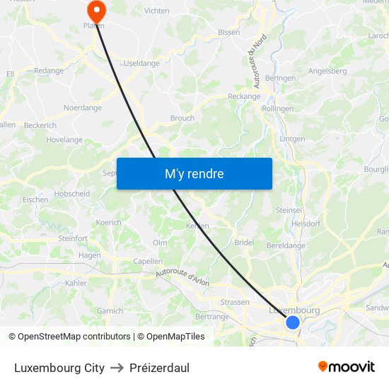 Luxembourg City to Préizerdaul map