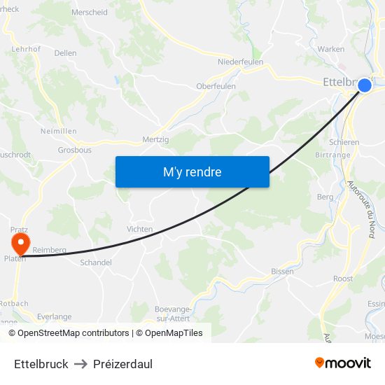 Ettelbruck to Préizerdaul map