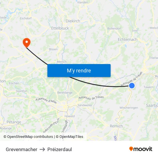 Grevenmacher to Préizerdaul map